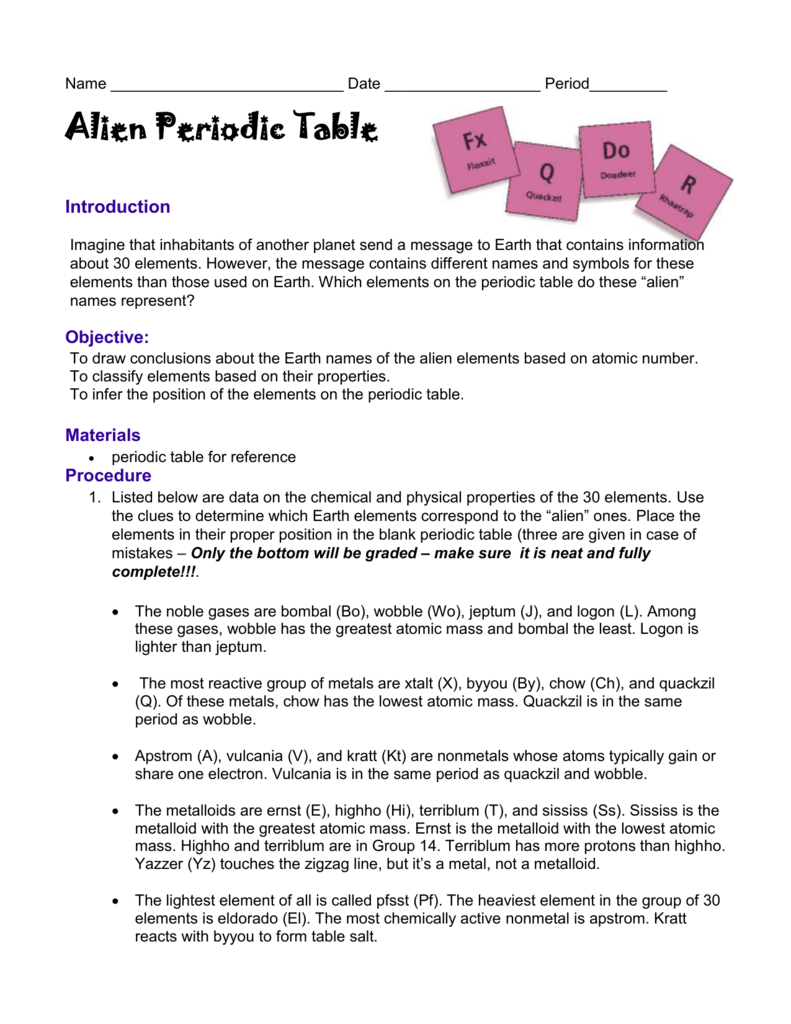 Alien periodic table analysis answers