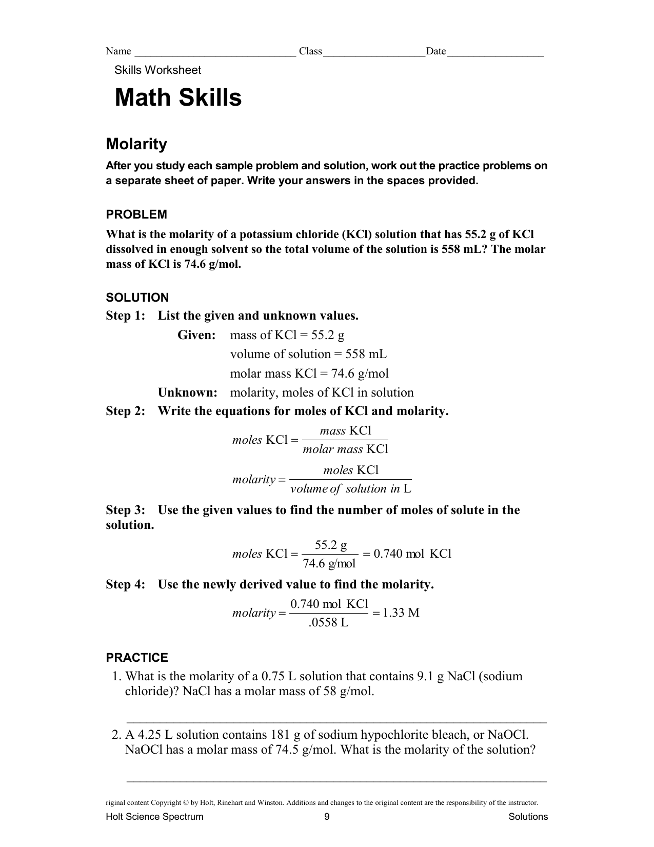 Molarity Practice HW In Molarity Practice Worksheet Answer