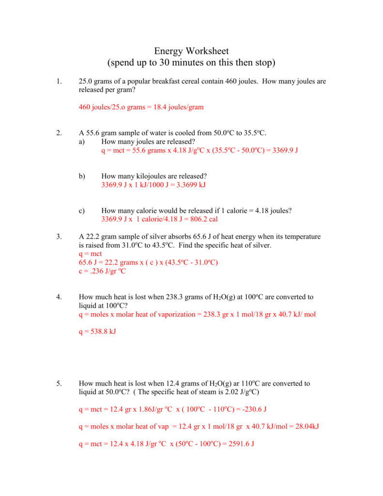 Chemistry Heat Problems Worksheet