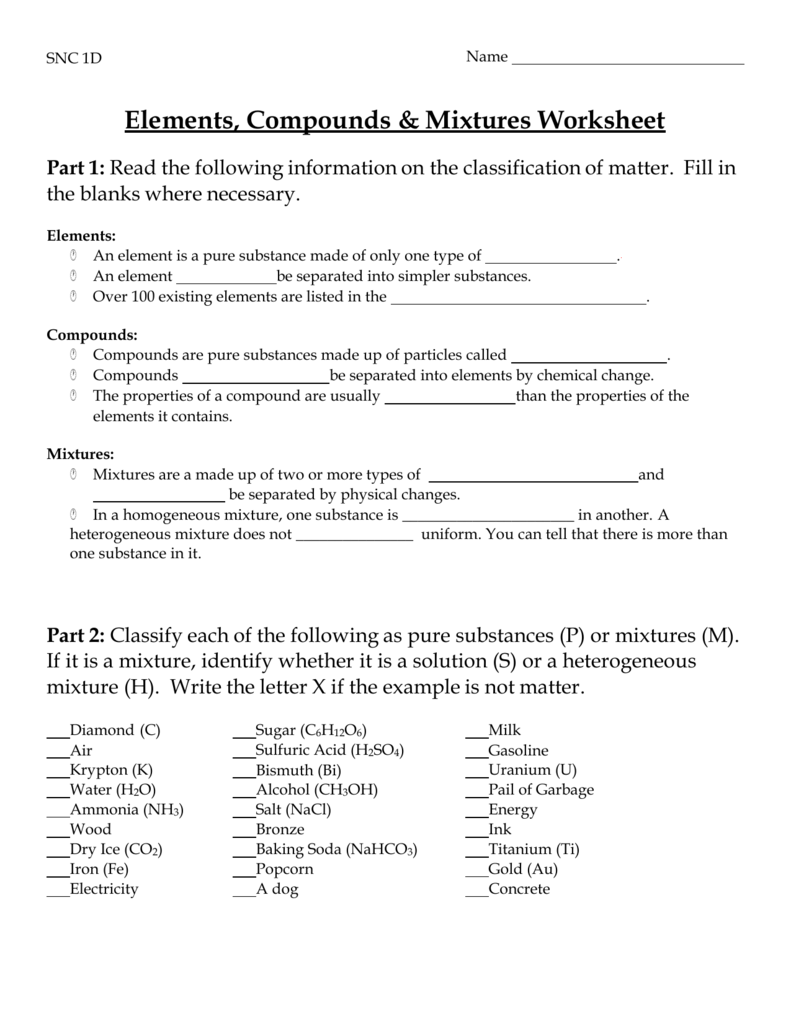 Elements, Compounds & Mixtures Worksheet Throughout Element Compound Mixture Worksheet