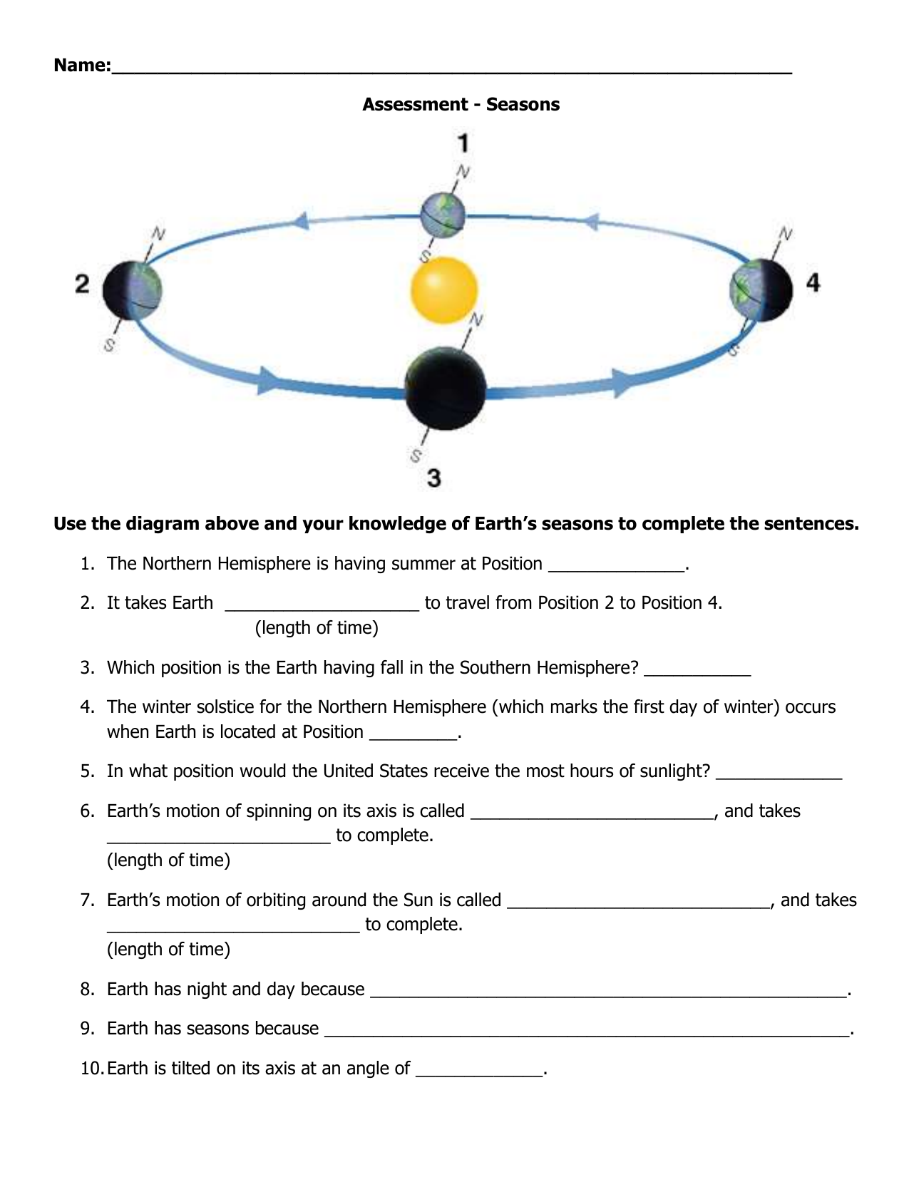 Name: Assessment - Seasons Use the diagram above and your With Regard To Reasons For Seasons Worksheet