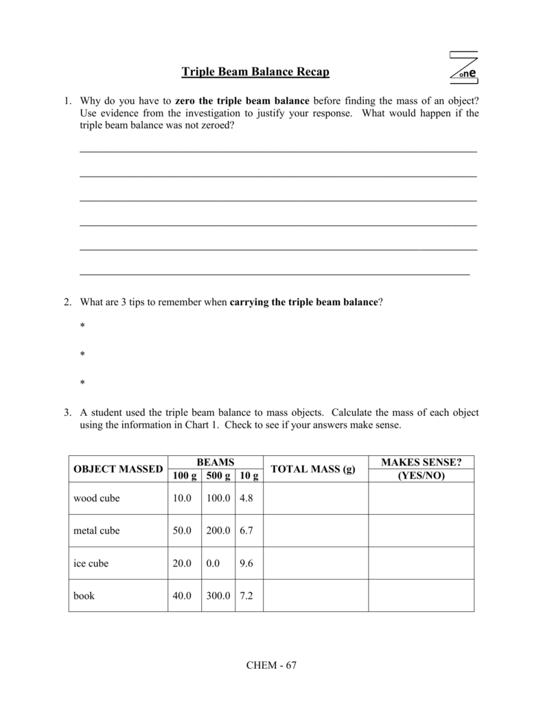 USING A TRIPLE BEAM BALANCE Within Triple Beam Balance Practice Worksheet