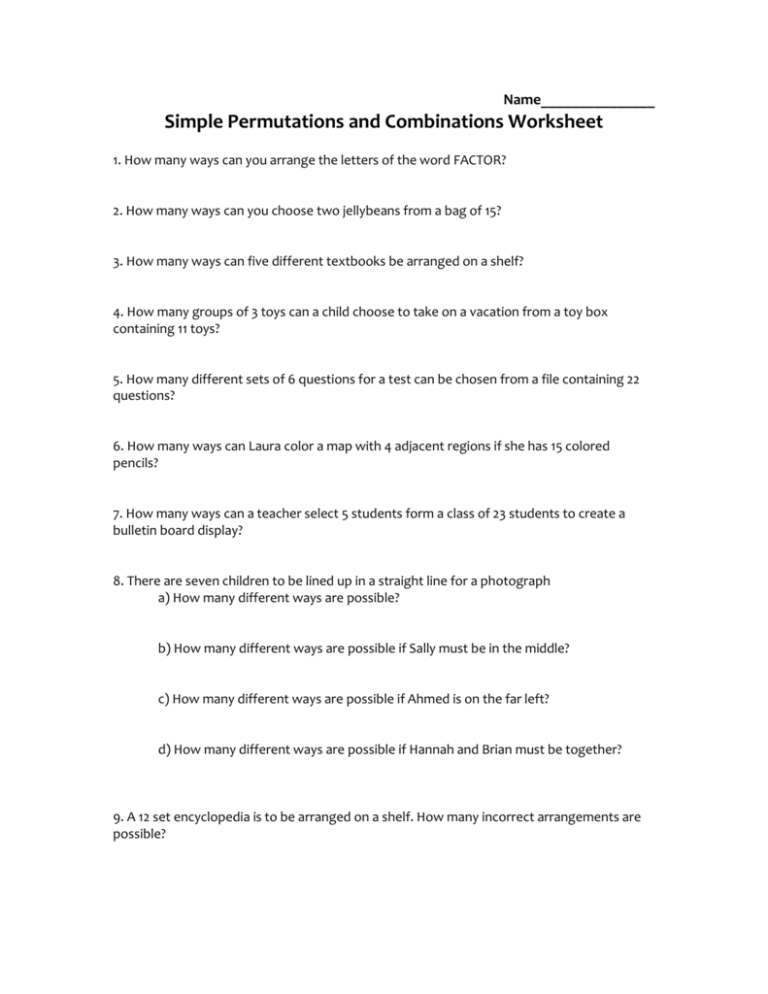 Permutations And Combinations Worksheet