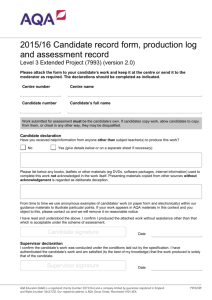 2015/16 Candidate record form, production log and