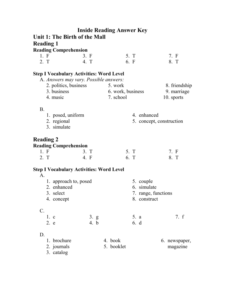 Inside Reading Answer Key