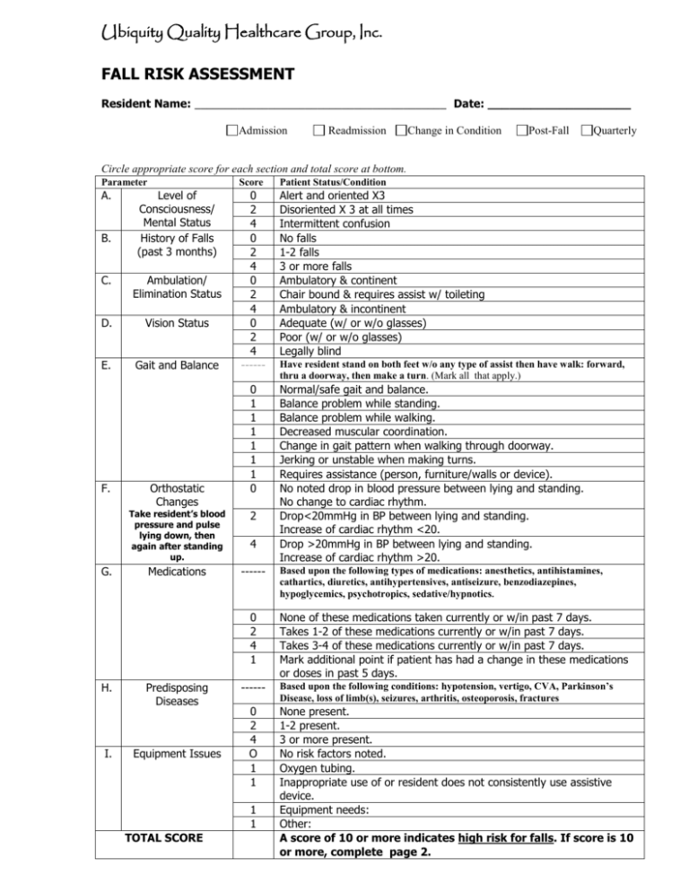 Fall Risk Assessment Form Fall Risk Assessment Fall Risk Assessment 