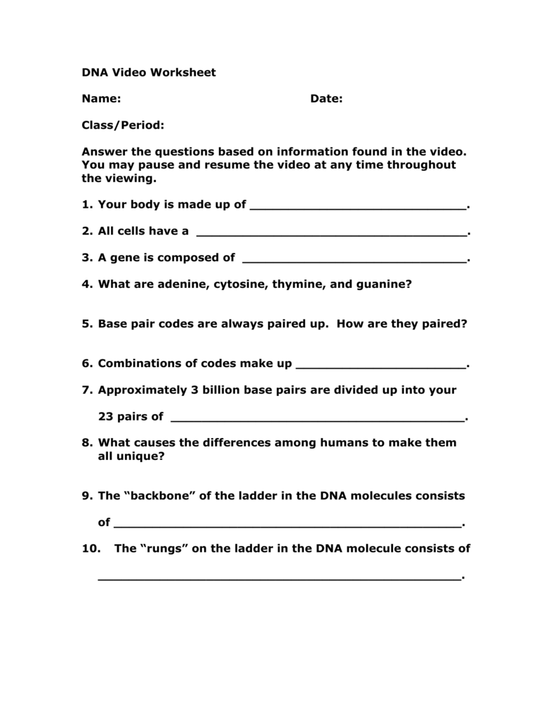 DNA Video Worksheet Pertaining To Nucleic Acid Worksheet Answers