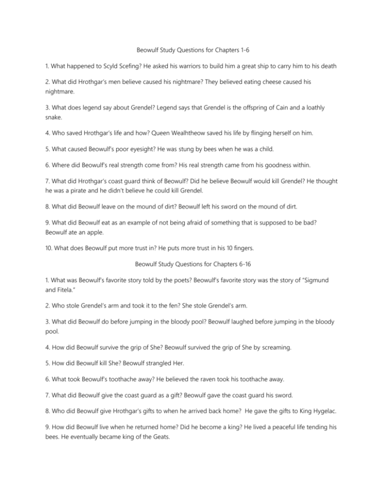 Beowulf Study Questions For Chapters 1 Beowulf Study Questions For Chapters 1