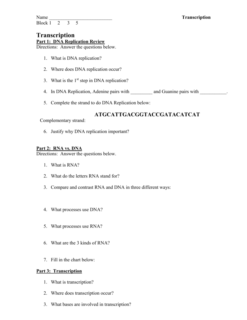 comparing dna replication and transcription worksheet answers