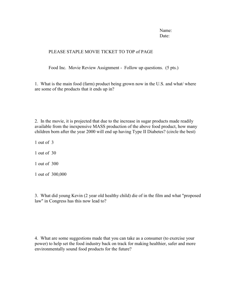 Food Inc. Movie Questions Intended For Food Inc Movie Worksheet