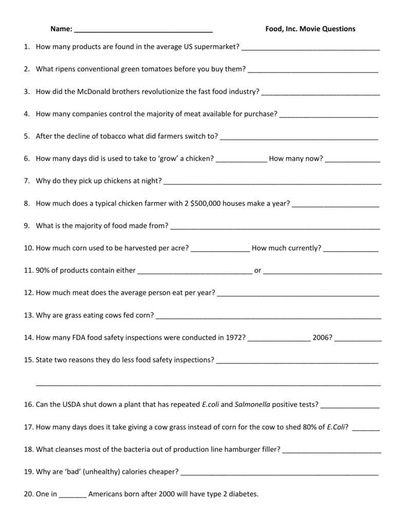 Food Inc questions 20 Throughout Food Inc Movie Worksheet