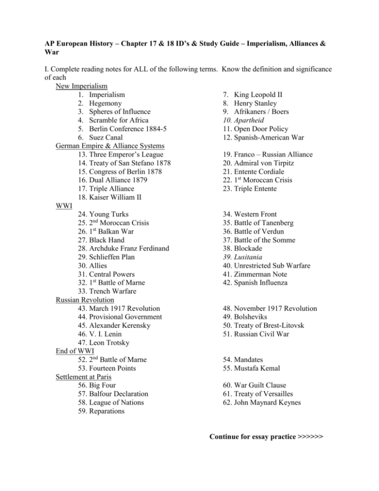 AP European History Chapter 25 Study Guide AP European History Chapter 25 Study Guide