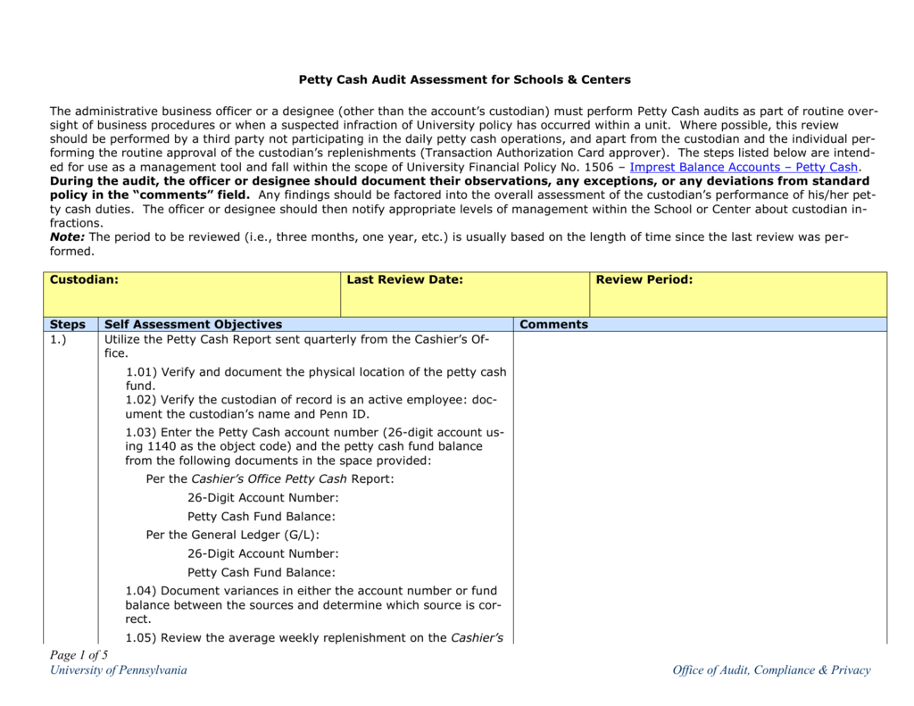 Petty Cash Audit University Of Pennsylvania