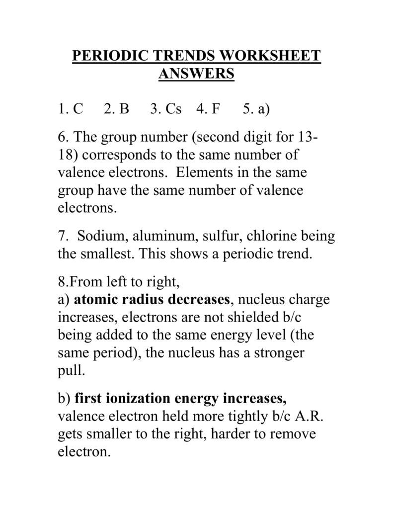 PERIODIC TRENDS WORKSHEET ANSWERS