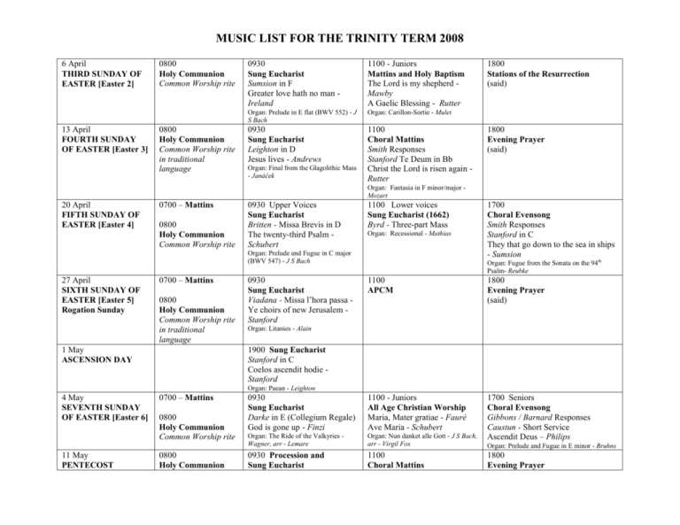 Music List For The Trinity Term 2008 Music List For The Trinity Term 2008