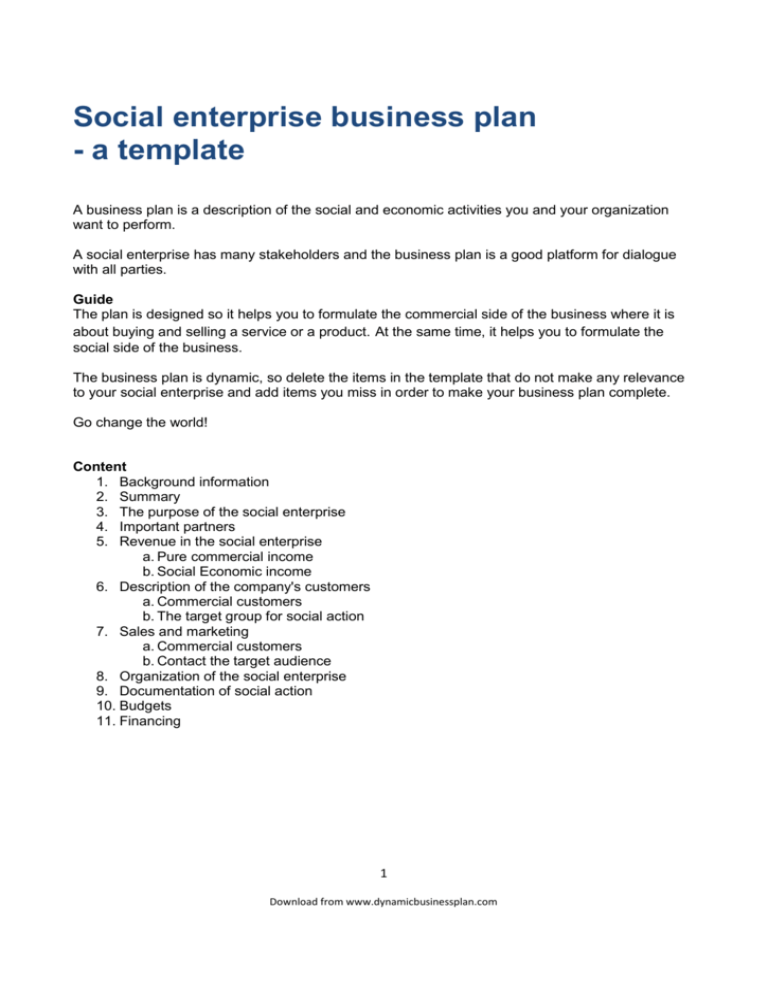 sample social enterprise business plan