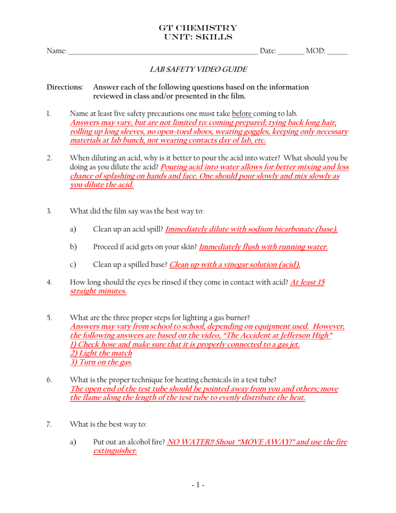 Student Resource Sheet: The Lab Accident at Jefferson High Throughout Lab Safety Worksheet Answer Key
