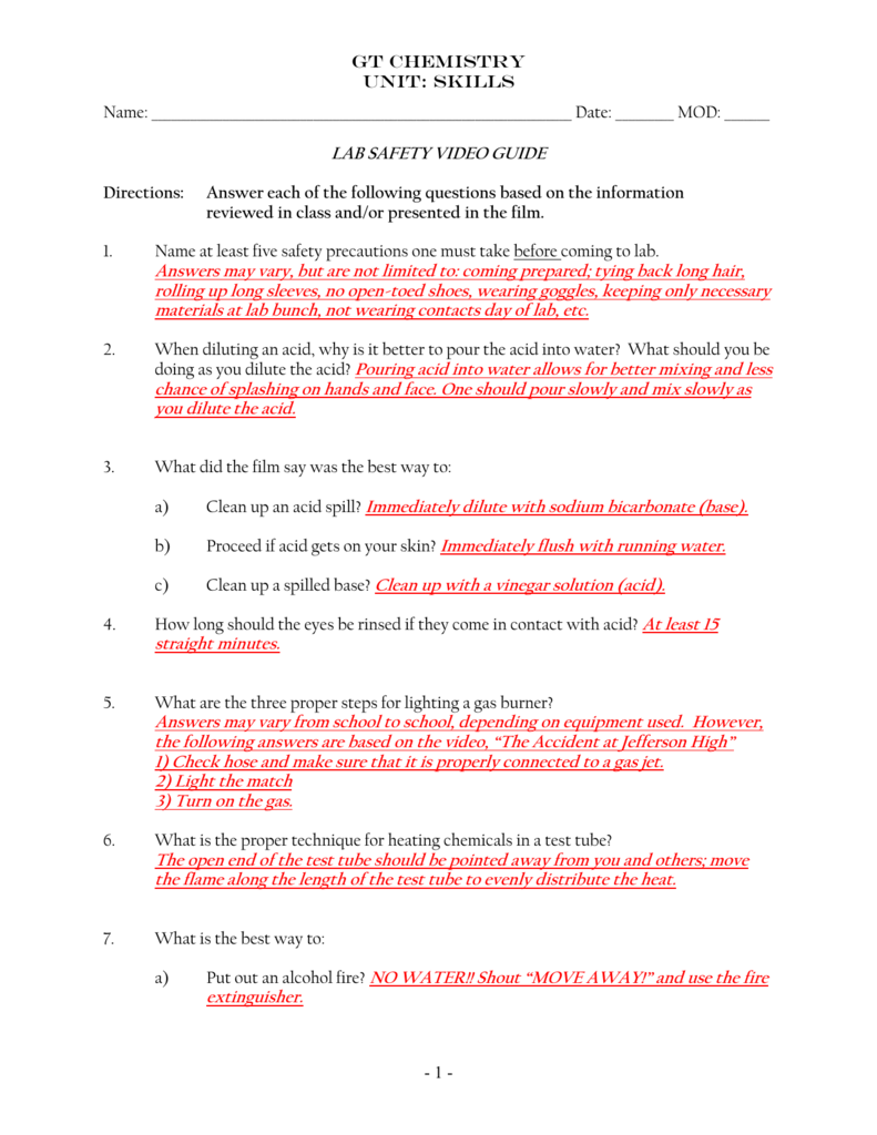 Lab Safety Worksheet Answer Key