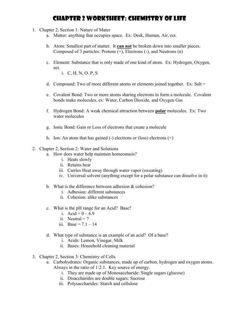 Chapter 22 Worksheet: Chemistry of Life Throughout Chemistry Of Life Worksheet