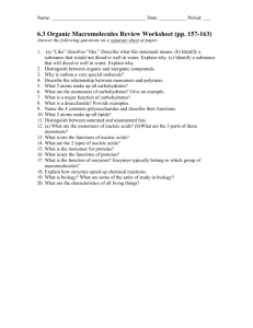 Chapter 2—Chemistry of Life Review Worksheet