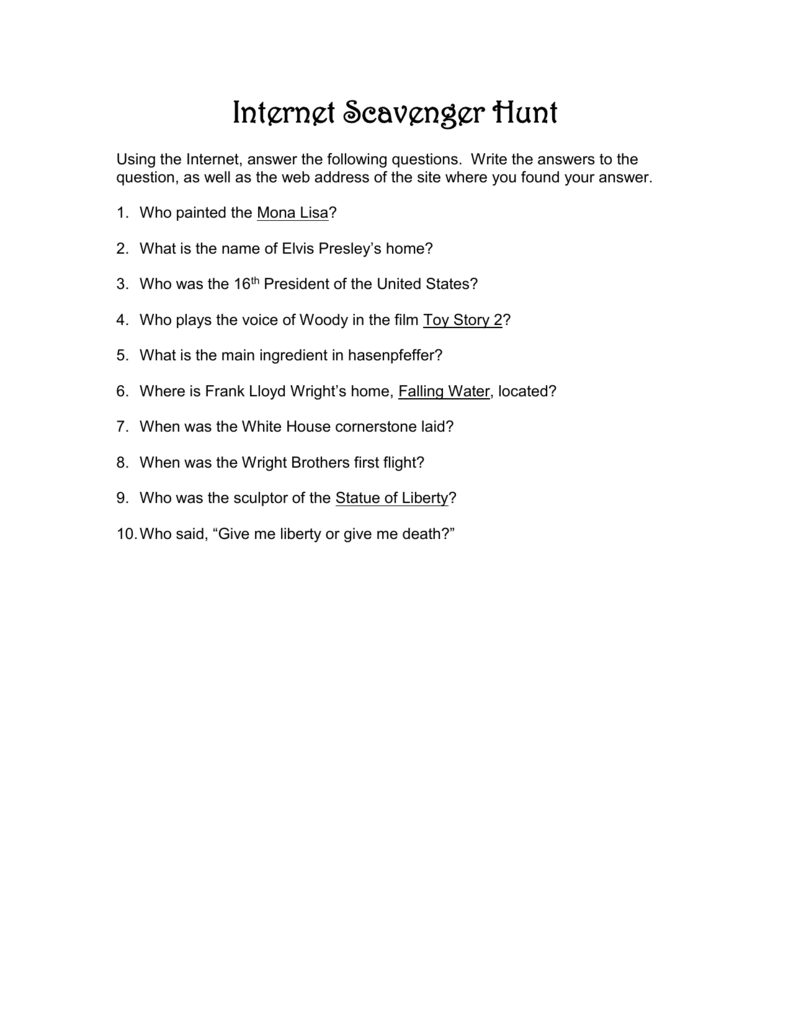 Internet Scavenger Hunt For Internet Scavenger Hunt Worksheet