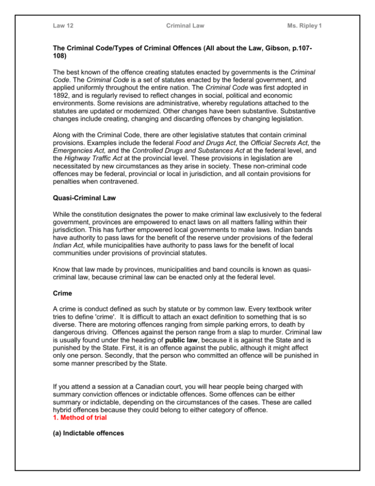 The Criminal Code Types Of Criminal Offences Questions