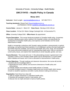 UNI 211H1F Introduction to Health Policy