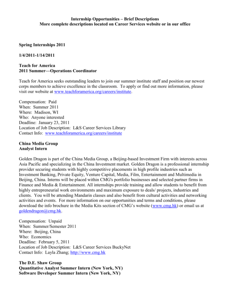 weekly internship list UWMadison Economics Department
