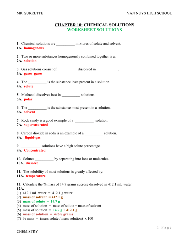 Water and solutions worksheet