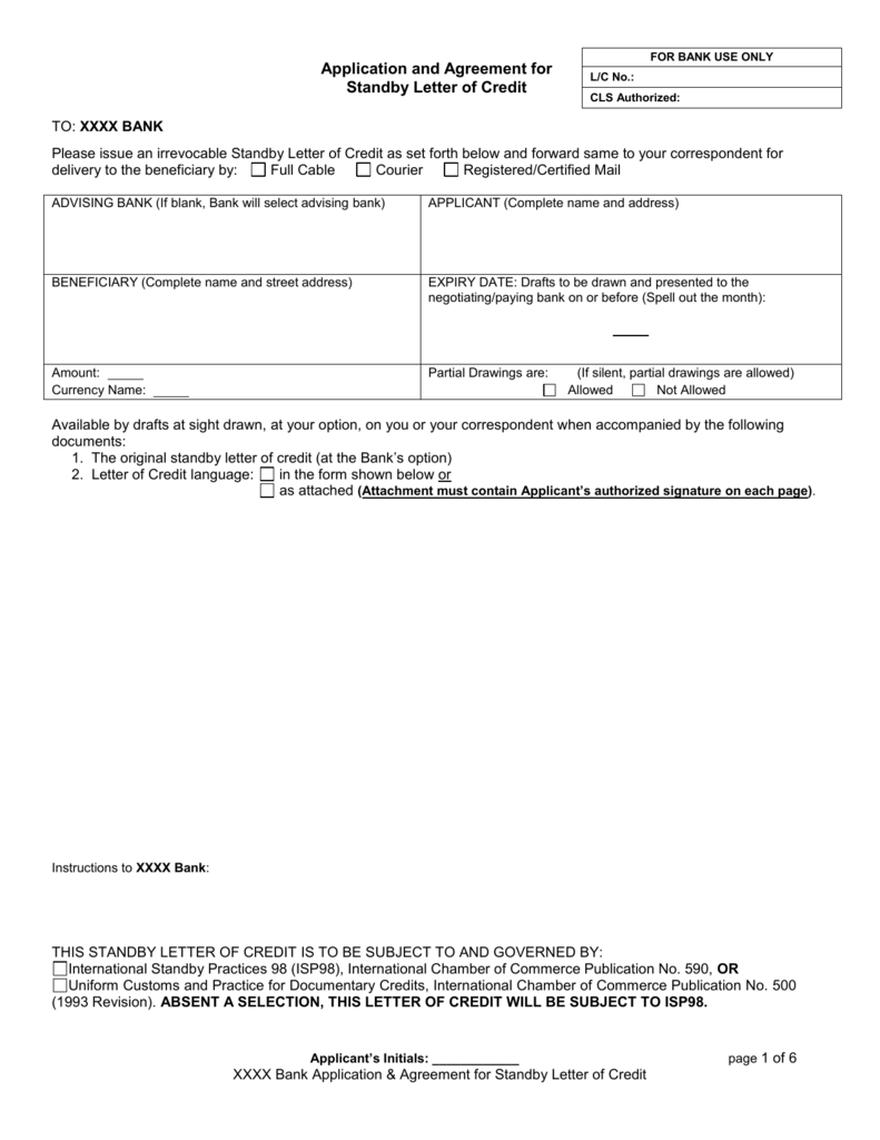 Application and Agreement for Standby Letter of Credit For credit application and agreement template