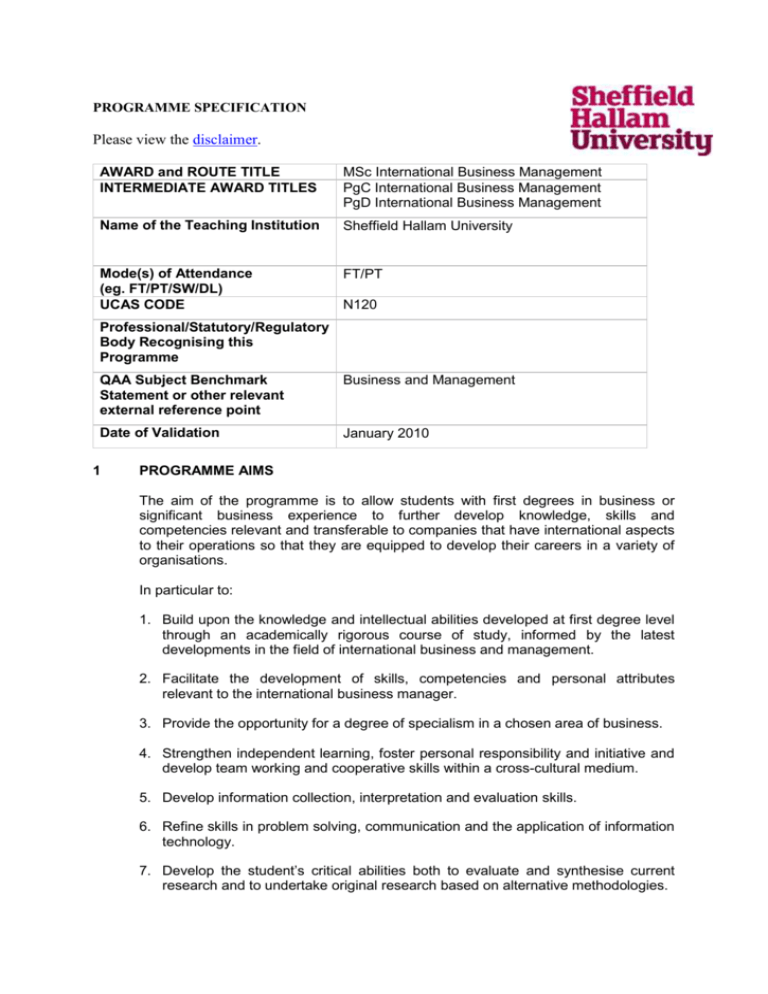 International Business Management MSc FT