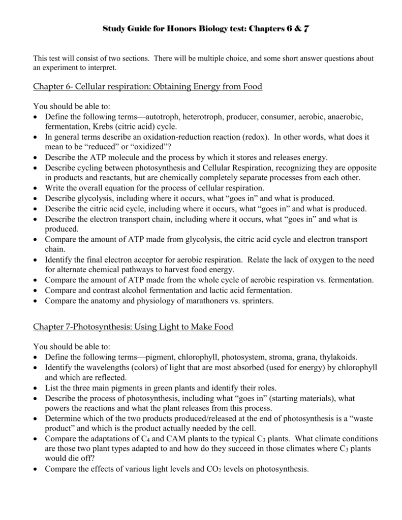 Study Guide For Biology Test Chapter 6 7 8 Study Guide For Biology Test Chapter 6 7 8