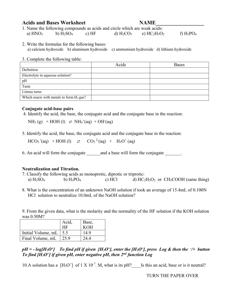 Acids and Bases Worksheet NAME Within Acids And Bases Worksheet Answers