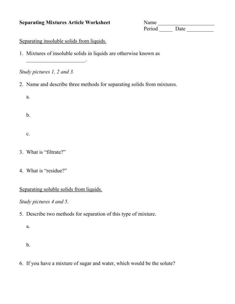 Separating Mixtures Article Worksheet For Separation Of Mixtures Worksheet