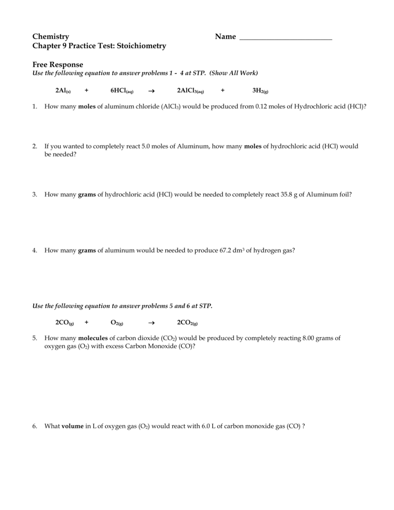 Practice Test Ch 09 Stoichiometry 