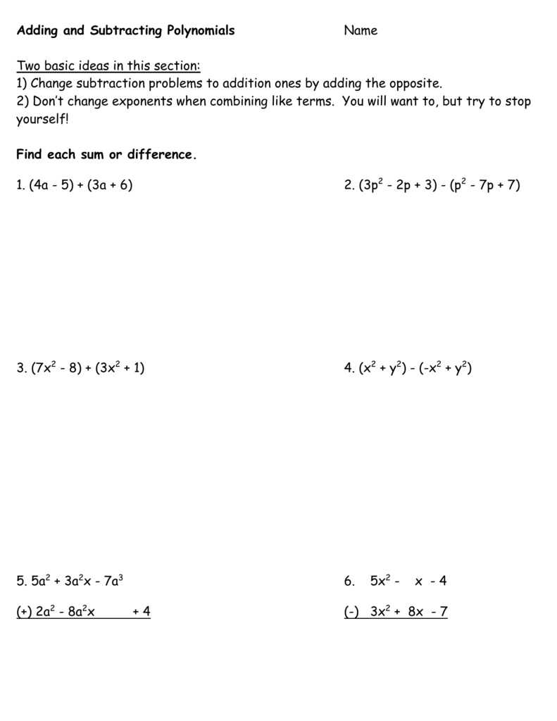 Adding and Subtracting Polynomials Pertaining To Adding And Subtracting Polynomials Worksheet