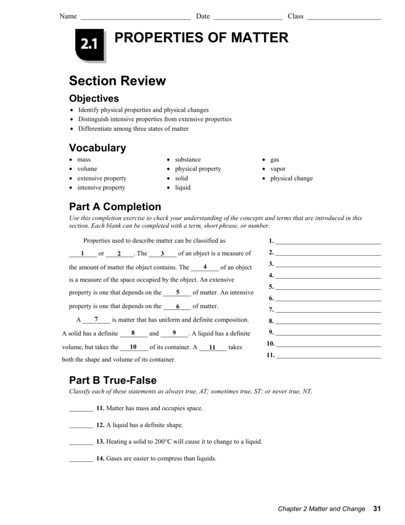 Name Date Class PROPERTIES OF MATTER Section Review With Regard To Properties Of Matter Worksheet Answers