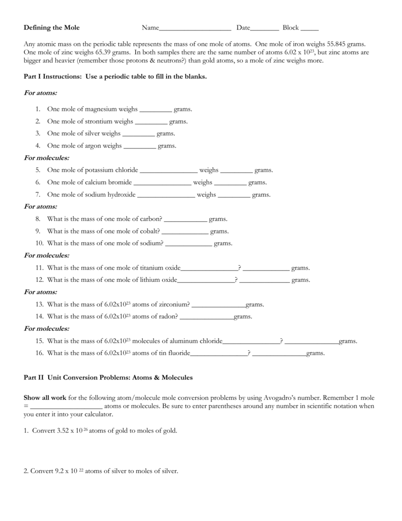 Worksheet 3 Converting Between Grams Moles And Atoms