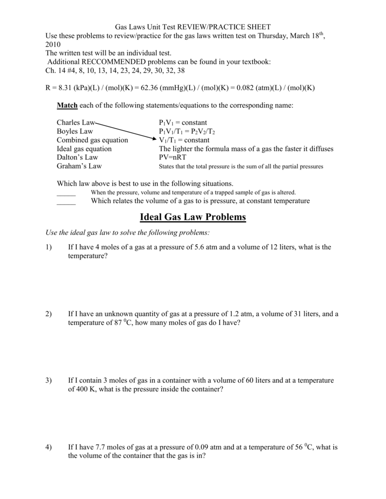 Gas Laws Unit Test Answer Sheet