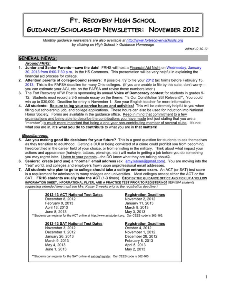 November Newsletter Fort Recovery Local Schools