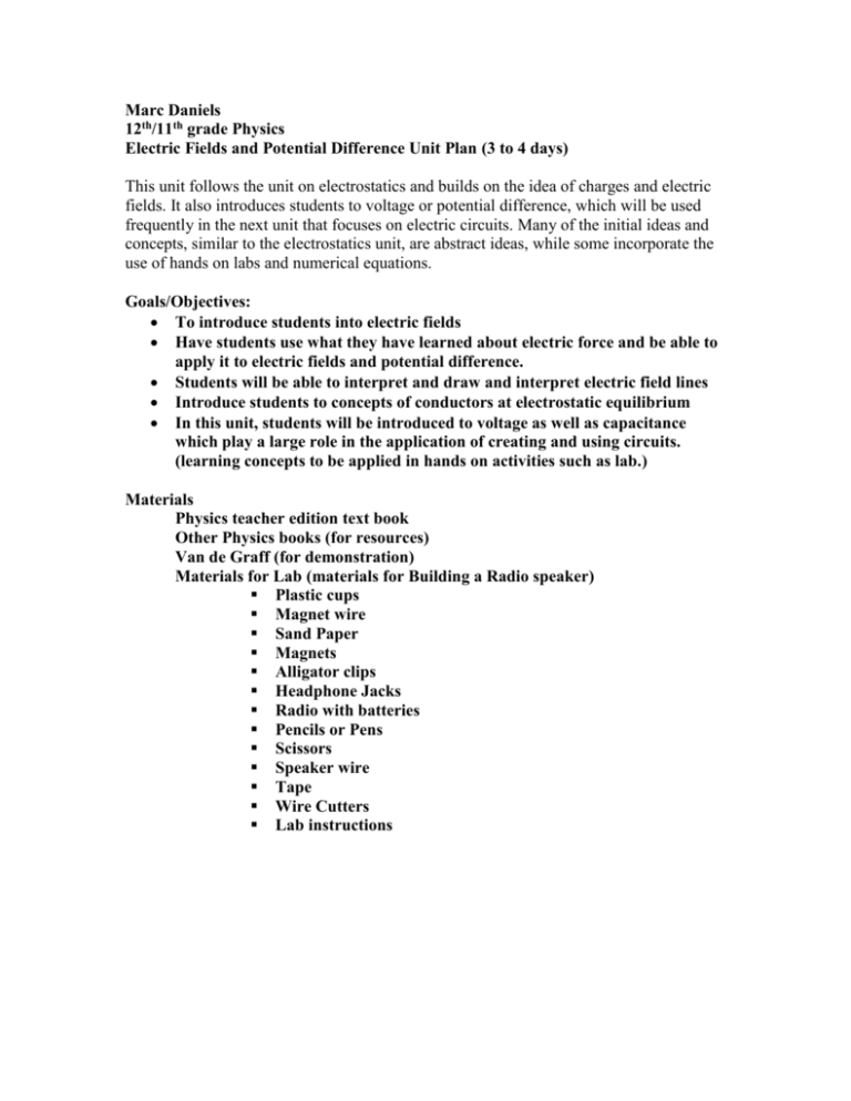 Electric Fields and Potential Difference Lesson Plans