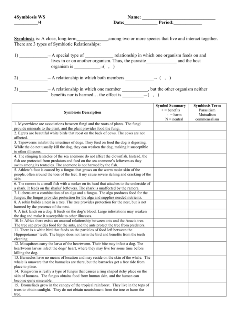 Symbiosis Worksheet Mrs Kupronis