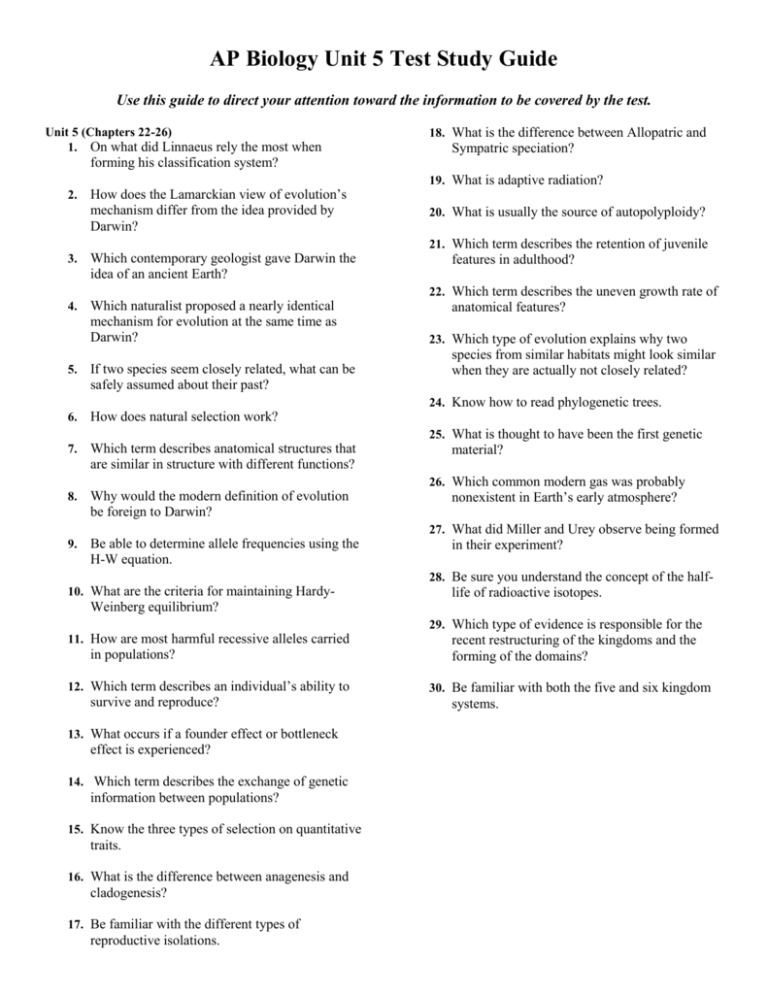 AP Biology Unit 5 Test Study Guide