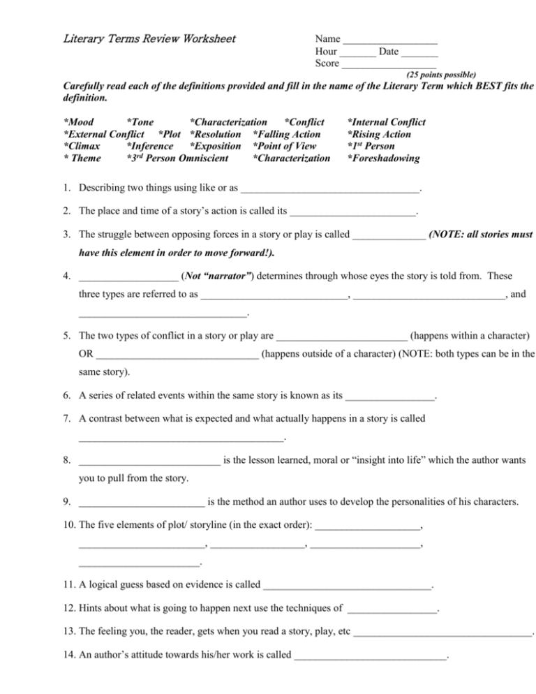 Literary Terms Review Worksheet