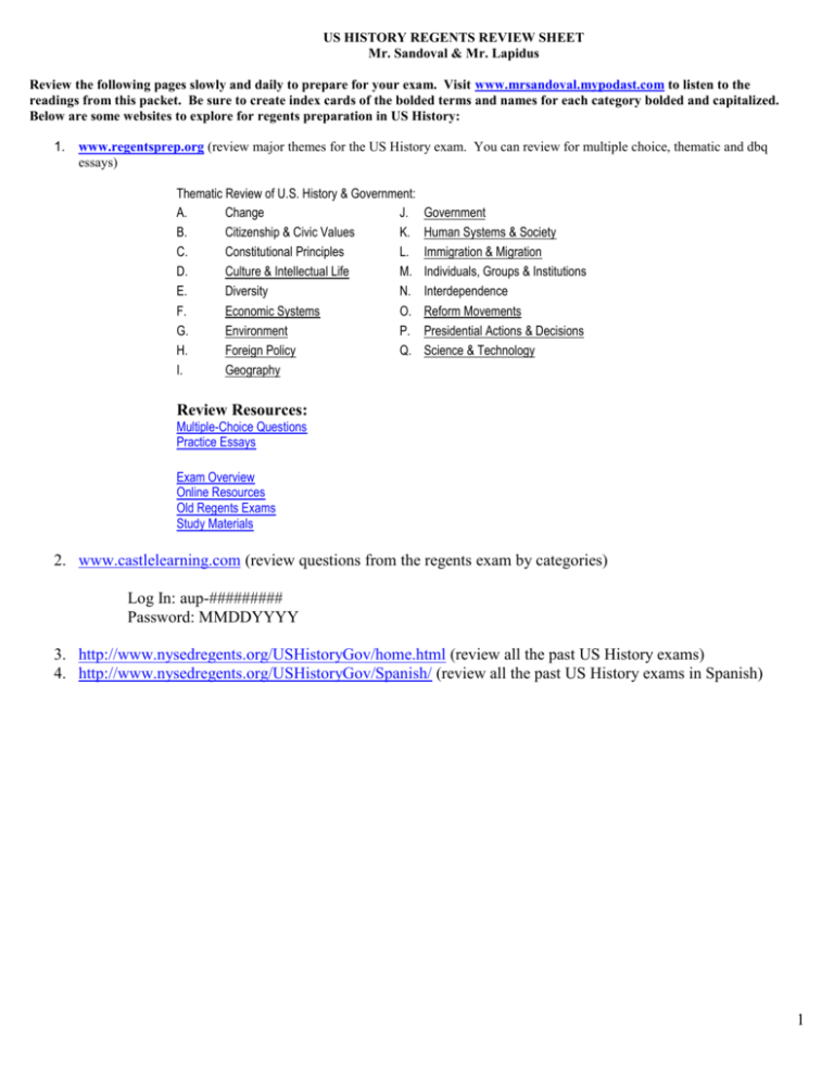 Us History Regents Review Sheet Bible