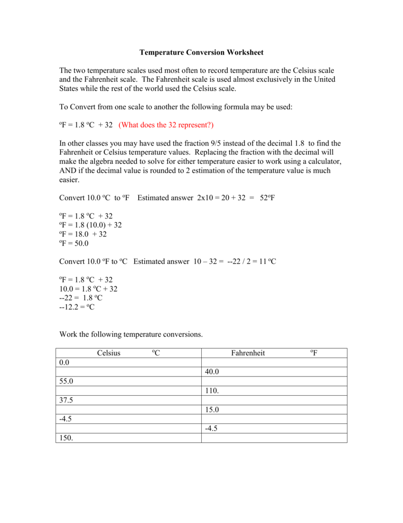 Temperature Conversion Worksheet Intended For Temperature Conversion Worksheet Answers