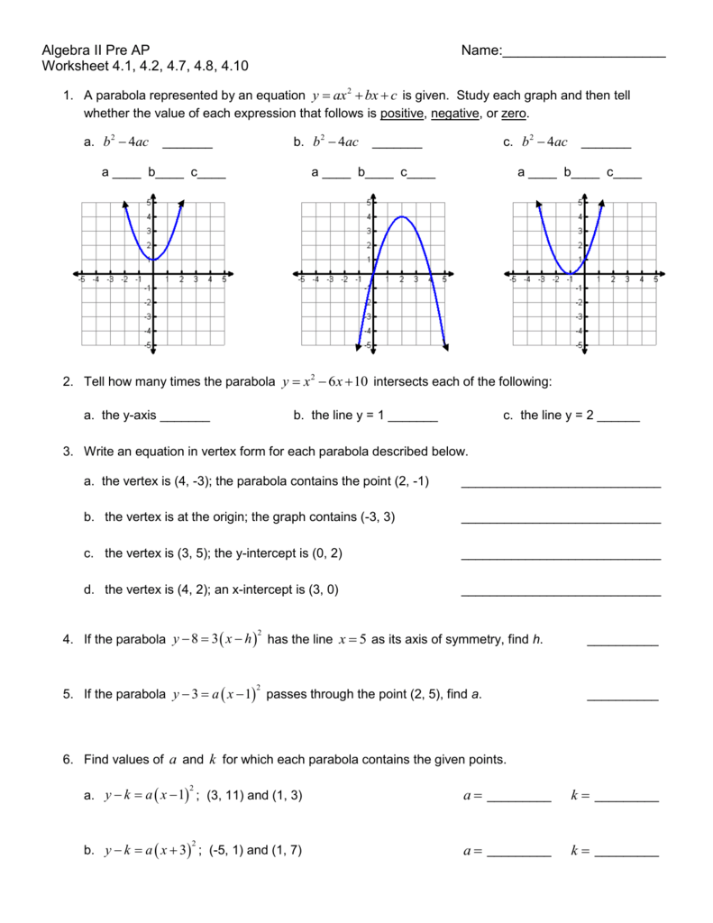 Parabola Equation Worksheet