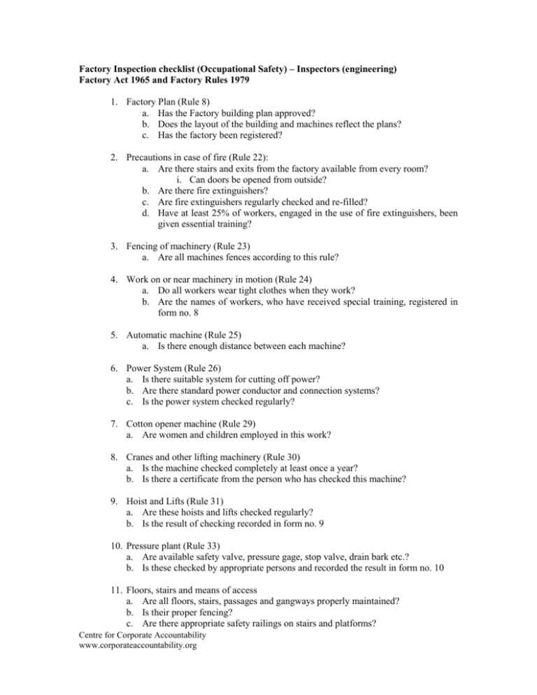 Factory Inspection Checklist Occupational Safety Inspectors