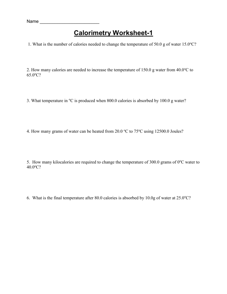 Calorimetry Worksheet