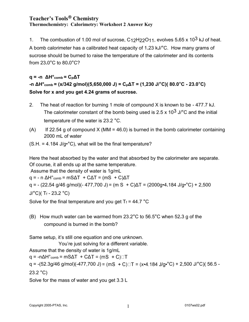 Calorimetry Worksheet Answer Key